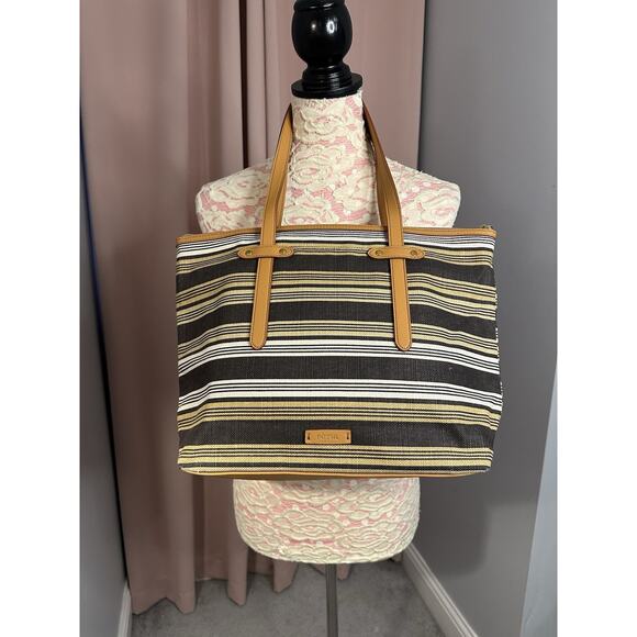 EUC Fossil Felicity Tote Brown Black White Yellow Stripe AND Leather Wallet - Picture 1 of 16